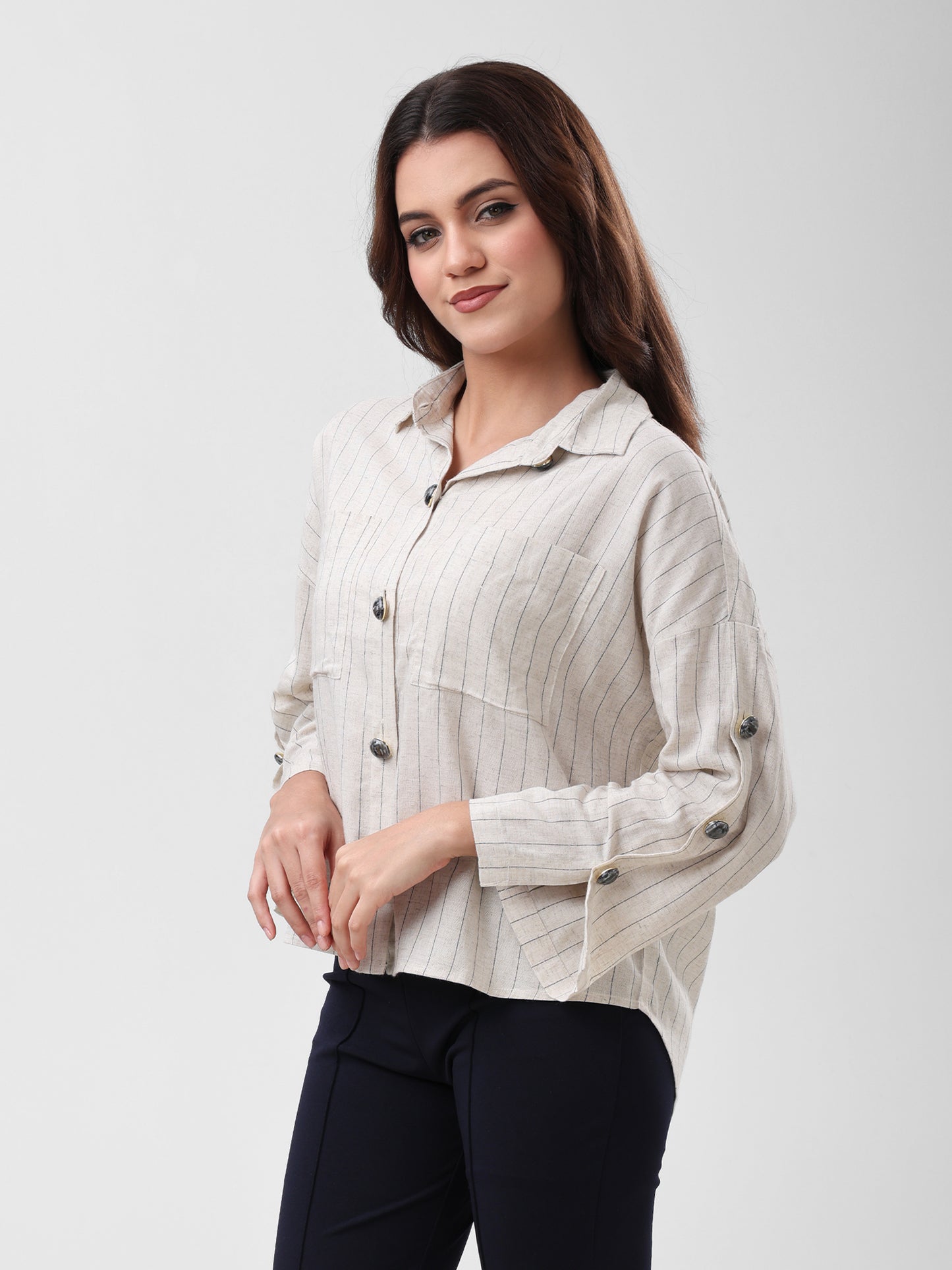 COTTON LINEN SHIRT - BEIGE STRIPS