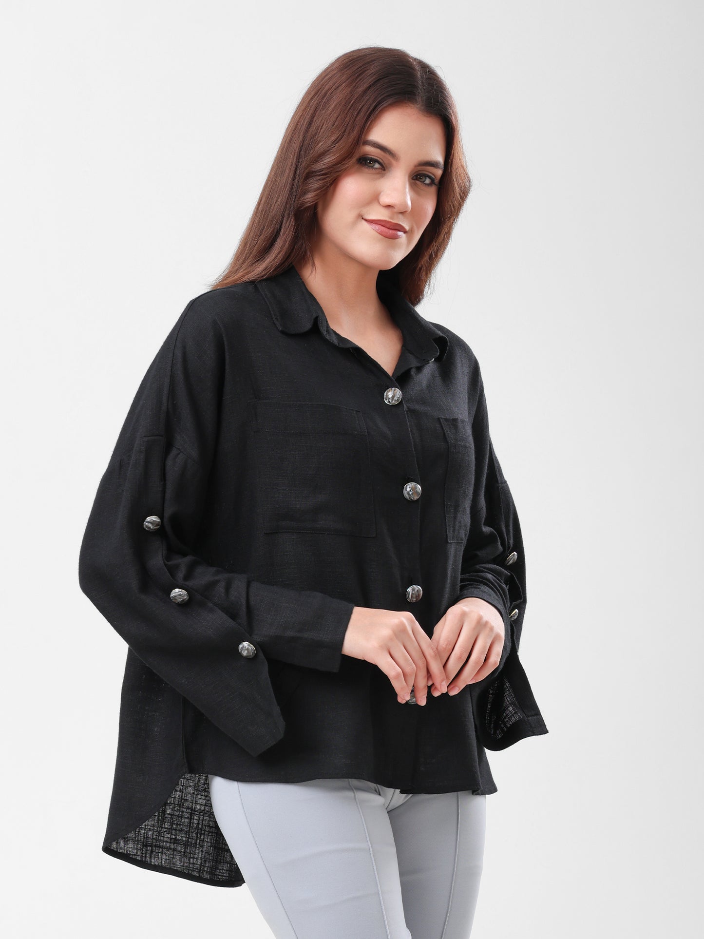 COTTON LINEN SHIRT - BLACK