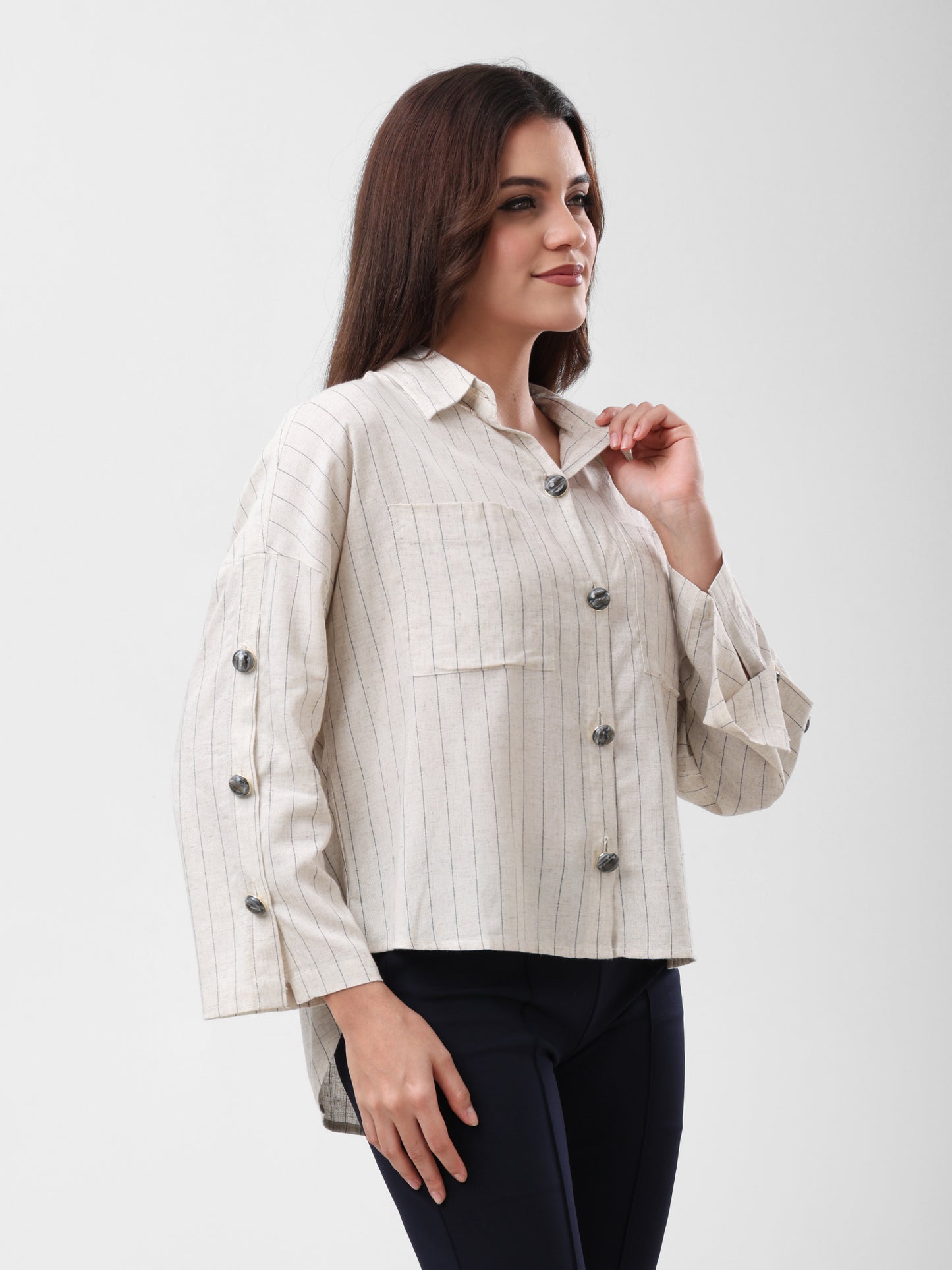 COTTON LINEN SHIRT - BEIGE STRIPS