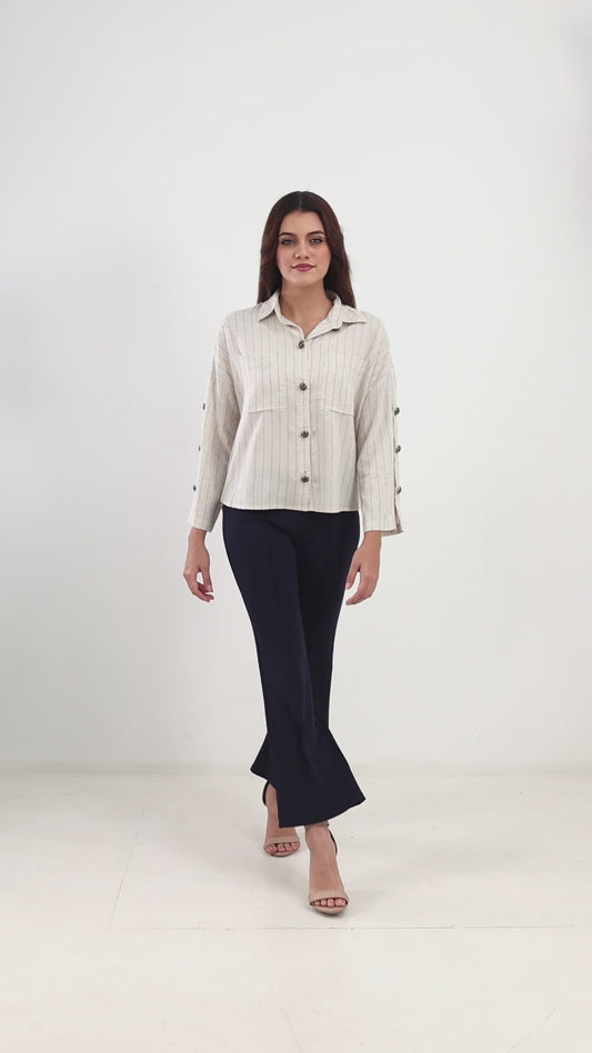 COTTON LINEN SHIRT - BEIGE STRIPS